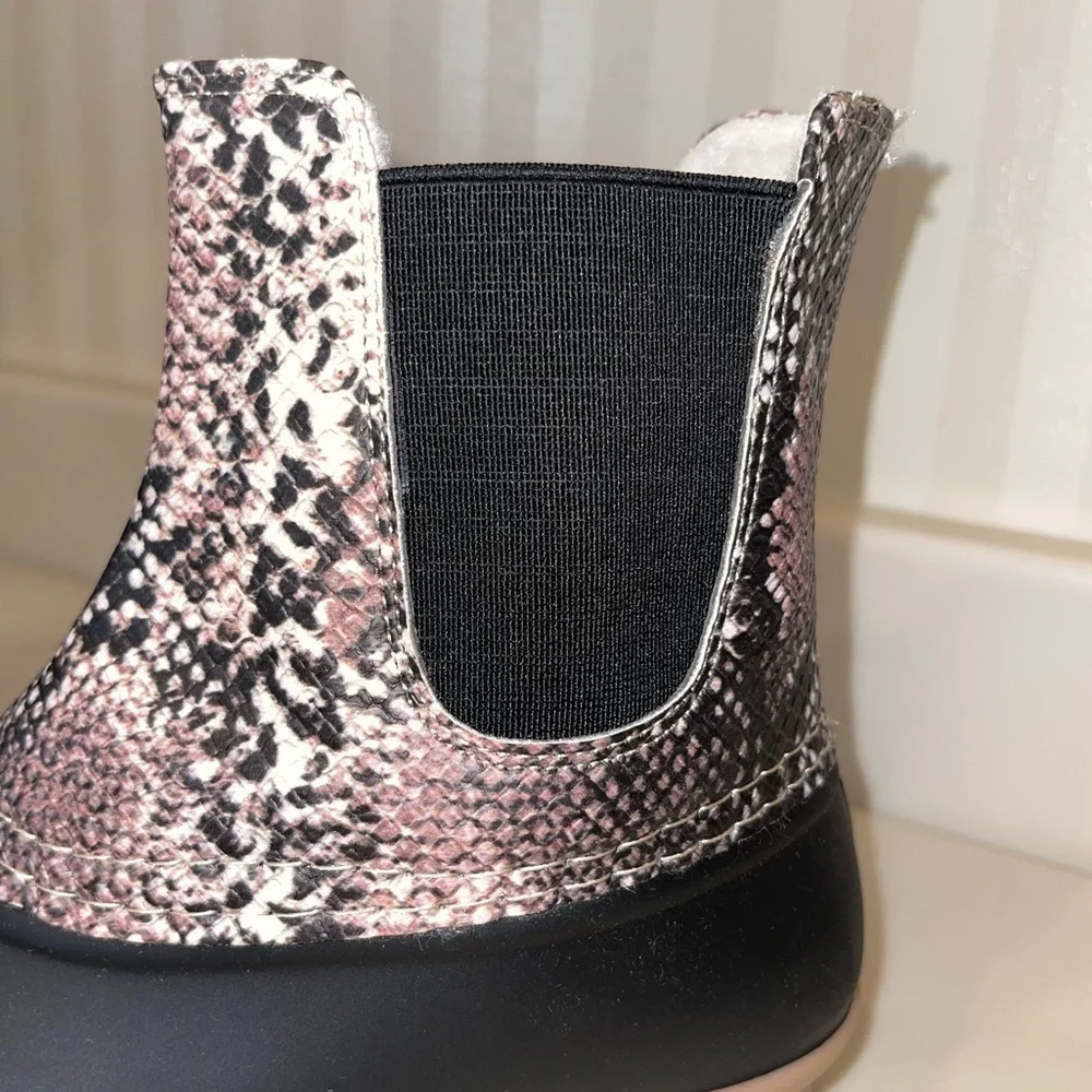 Outwoods Taupe And Black Snake Print Fleece Lined Duck Boots Rain Snow Boots